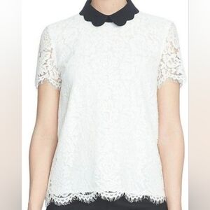 CeCe White Lace Blouse with Black Collar